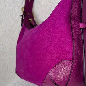 Fossil Hannah Hobo Leather & Suede Purple Magenta Shoulder Bag NWOT w/Key Charm